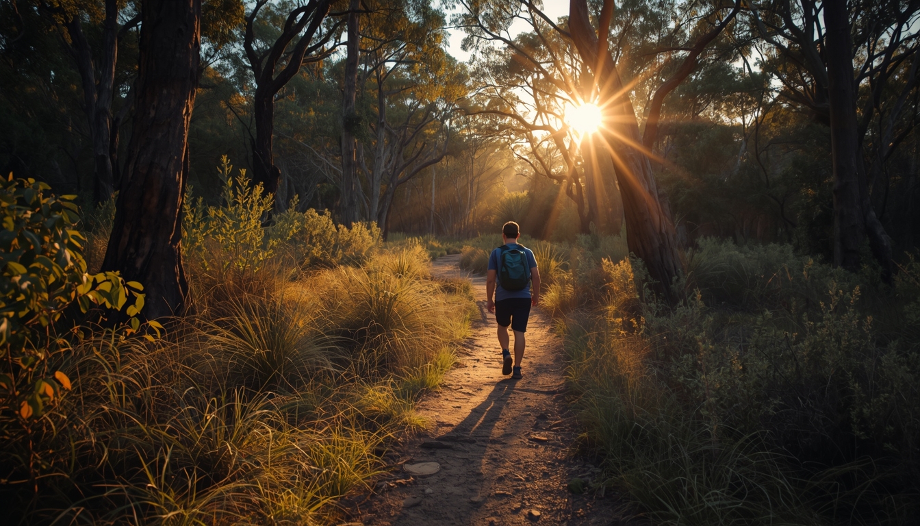 Person walking through a sunlit Australian bushland trail