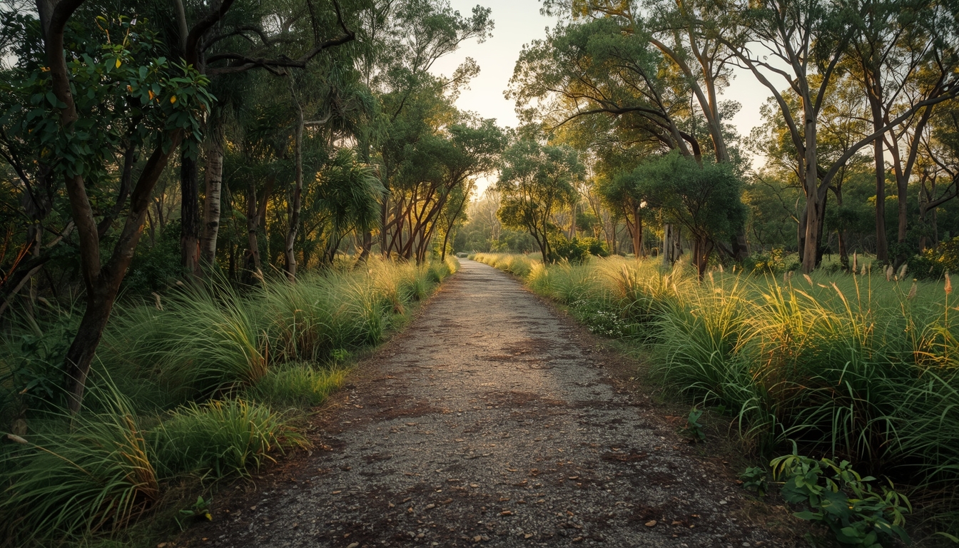 Peaceful outdoor pathway through green Australian bushland at golden hour